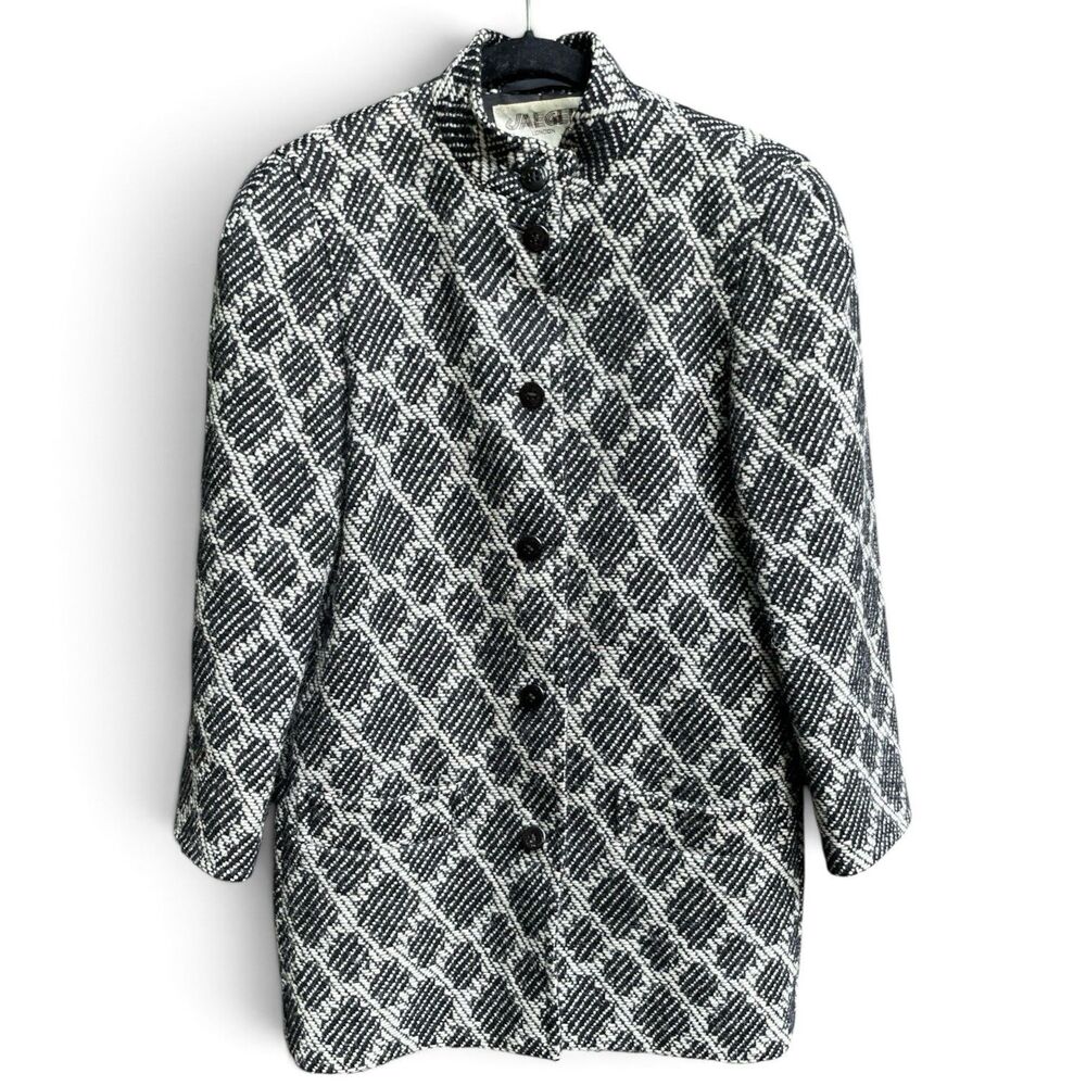 VTG 80s Preppy Jaeger 100% Wool Argyle Diamond Coat Size 8 M Padded Shoulders